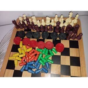 Wood Board Game with Plastic Game Pieces - Chess, Checkers, & Chinese Checkers.